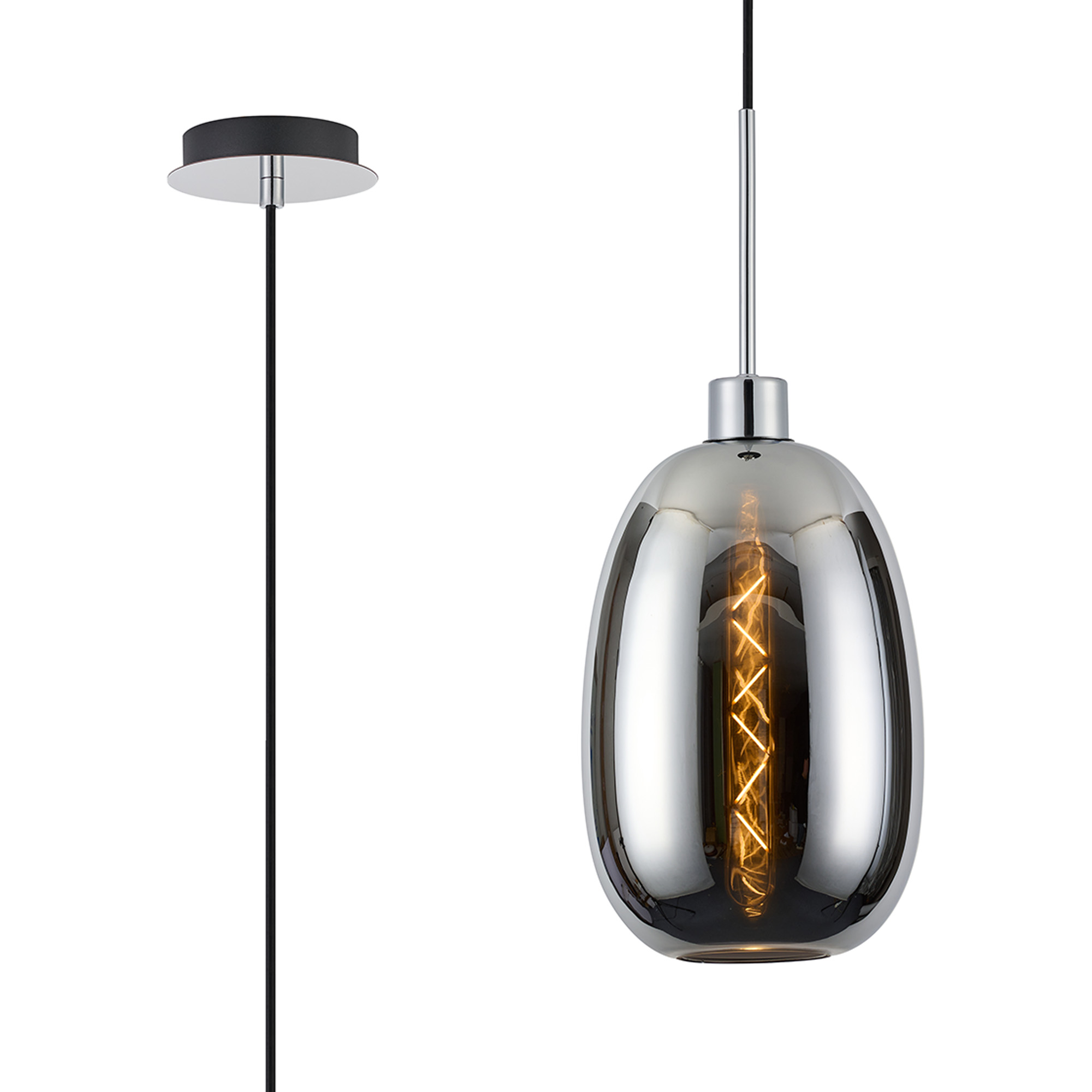 DK1258  Lori 1.7m Single Pendant, 1 Light Adjustable E27, Polished Chrome/Chrome Slim Curved Trapezium Shades